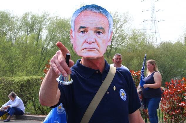 SOCCER - PL, Leicester vs Everton LEICESTER,ENGLAND,07.MAY.16 - SOCCER - Premier League, Leicester City FC vs Everton FC. Image shows a fan with a mask. GEPAxpictures xCh.xKelemen
