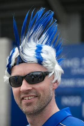 May 7, 2016 - Leicester, Leicestershire, UK - Leicester, UK. Leicester City fans celebrating outside the King Power stadium before their match with Everton before lifting the Premiership trophy. Pictured, a fan in blue. Leicester City Premier League Coronation  - ZUMAl94_