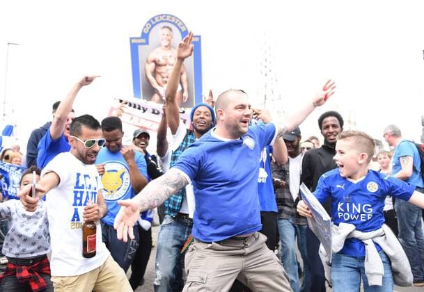 Leicester city fans celebrate before the Barclays Premier League match at the King Power Stadium Leicester. Photo credit should read: Nathan Stirk Sportimage - Newcastle Utd vs Tottenham - St James Park Stadium - Newcastle Upon Tyne - England - 19th April 2015 - Picture Phil Oldham Sportimage EDITORIAL USE ONLY. No use with unauthorised audio, video, data, fixture lists, club league logos or live services. Online in-match use limited to 120 images, no video emulation. No use in betting, games or single club league player publications.