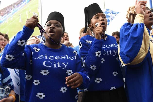 Leicester city fans celebrate before the Barclays Premier League match at the King Power Stadium Leicester. Photo credit should read: Nathan Stirk Sportimage - Newcastle Utd vs Tottenham - St James Park Stadium - Newcastle Upon Tyne - England - 19th April 2015 - Picture Phil Oldham Sportimage EDITORIAL USE ONLY. No use with unauthorised audio, video, data, fixture lists, club league logos or live services. Online in-match use limited to 120 images, no video emulation. No use in betting, games or single club league player publications.