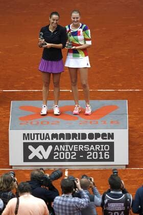 French tennis players Caroline Garcia (L) and Kristina Mladenovic (R) jubilate the victory against Sania Mirza and Martina Higins during their Mutua Madrid Open double female final match played at Caja Magica tennis complex in Madrid, Spain, on 07 May 2016. Garcia and Mladenovic won 6-4 and 6-4. Caroline Garcia and Kristina Mladenovic vs Sania Mirza and Martina Higins !ACHTUNG: NUR REDAKTIONELLE NUTZUNG!  20160507-635982424709187464