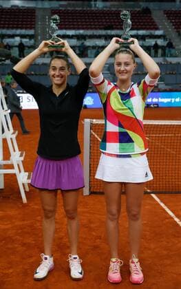 French tennis players Caroline Garcia (L) and Kristina Mladenovic (R) jubilate the victory against Sania Mirza and Martina Higins during their Mutua Madrid Open double female final match played at Caja Magica tennis complex in Madrid, Spain, on 07 May 2016. Garcia and Mladenovic won 6-4 and 6-4. Caroline Garcia and Kristina Mladenovic vs Sania Mirza and Martina Higins !ACHTUNG: NUR REDAKTIONELLE NUTZUNG!  20160507-635982425371563464