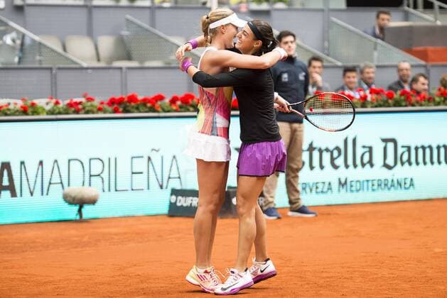 French Caroline Garcia and French Kristina Mladenovic celebrating the victory during Doubles Woman Final Mutua Madrid Open Tennis 2016 in Madrid, May 07, 2016.  (20160507032)