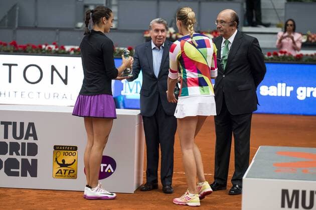 Manolo Santana with French Caroline Garcia and French Kristina Mladenovic during Doubles Woman Final Mutua Madrid Open Tennis 2016 in Madrid, May 07, 2016.  (20160507051)