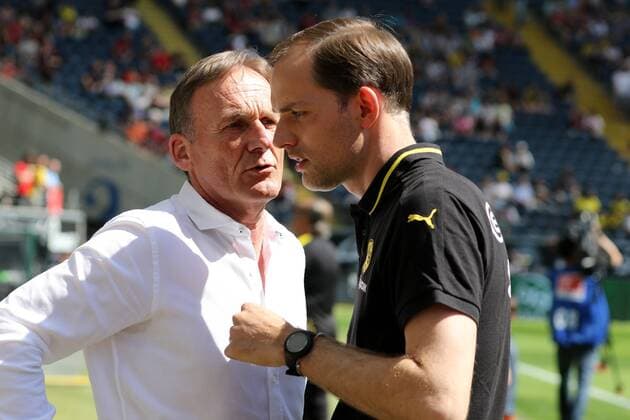 07.05.2016 Frankfurt, Commerzbankarena 1. Bundesliga, Saison 2015 2016 Derby zwischen Eintracht Frankfurt (SGE) gegen Borussia Dortmund (BVB) BVB-Boss Hans-Joachim Watzke und Thomas Tuchel (BVB)