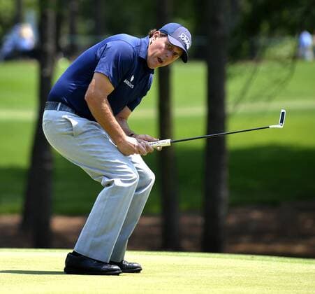 May 7, 2016 - Charlotte, NC, USA - Phil Mickelson reacts to a missed putt on the 3rd green in the third round of the Wells Fargo Championship at Quail Hollow Club in Charlotte, N.C., on Saturday, May 7, 2016. Wells Fargo Championship, third round - ZUMAm67_