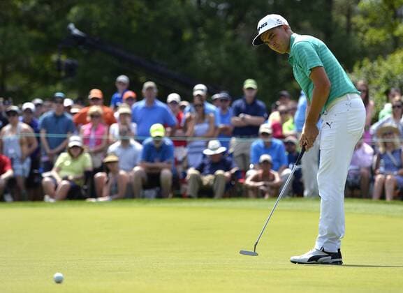 May 7, 2016 - Charlotte, NC, USA - Rickie Fowler watches his putt on the 9th green in the third round of the Wells Fargo Championship at Quail Hollow Club in Charlotte, N.C., on Saturday, May 7, 2016. Wells Fargo Championship, third round - ZUMAm67_