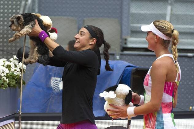 Carolina Garcia und Kristina Mladenovic beim Doppel-Match Martina Hingis und Sania Mirza vs Carolina Garcia und Kristina Mladenovic beim Mutua Madrid Open 2016 Tennisturnier im Sportkomplex Caja Magica. Madrid, 07.05.2016  Foto:xDyDxFotografosx xFuturexImage