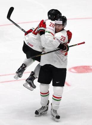 ST. PETERSBURG, RUSSIA. MAY 8, 2016. Hungary sIstvan Sofron (L) and Istvan Bartalis celebrate scoring in their 2016 IIHF World Championship WM Weltmeisterschaft Preliminary Round Group B Ice hockey Eishockey match against Canada at the Yubileyny Sports Palace. Sergei Savostyanov TASS  TS021FC8