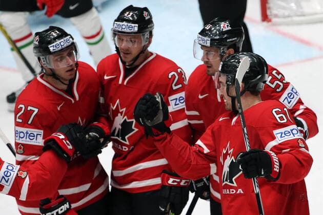 ST. PETERSBURG, RUSSIA. MAY 8, 2016. Canada s Ryan Murray, Sam Reinhart, Mark Scheifele, and Mark Stone (L-R) celebrate scoring in their 2016 IIHF World Championship WM Weltmeisterschaft Preliminary Round Group B Ice hockey Eishockey match against Hungary at the Yubileyny Sports Palace. Team Canada won the game 7-1. Sergei Savostyanov TASS  TS021FEA