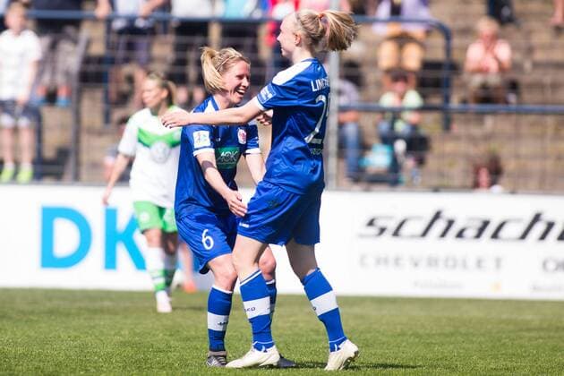 08.05.2016, xfrx, Fussball 1.Bundesliga Damen, Turbine Potsdam - VfL Wolfsburg, emspor v.l. Elise Kellond-Knight (1.FFC Turbine Potsdam),Marina Makanza (1.FFC Turbine Potsdam) celebrate the goal,Torjubel zum 2:0 Potsdam