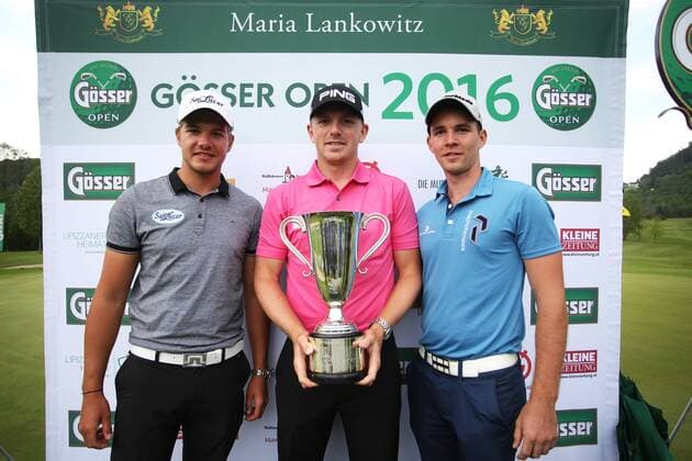 GOLF - Goesser Open 2016 MARIA LANKOWITZ,AUSTRIA,08.MAY.16 - GOLF - Alps Tour, Goesser Open, GC Erzherzog Johann, award ceremony. Image shows Robin Goger (AUT), Matt Wallace (ENG) and Markus Habeler (AUT). GEPAxpictures xDanielxGoetzhaber