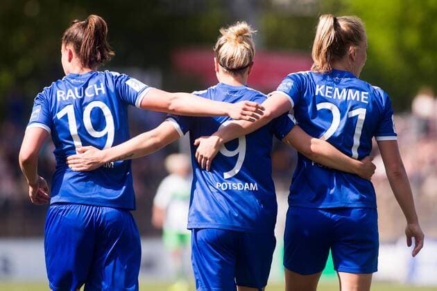 08.05.2016, xfrx, Fussball 1.Bundesliga Damen, Turbine Potsdam - VfL Wolfsburg, emspor v.l. Felicitas Rauch (1.FFC Turbine Potsdam),Svenja Huth (1.FFC Turbine Potsdam),Tabea Kemme (1.FFC Turbine Potsdam) celebrate the goal,Torjubel zum 3:0 Potsdam