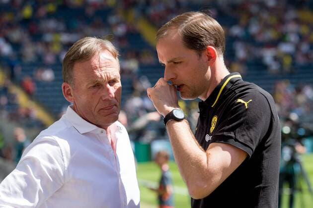 Samstag 07.05.2016, 1. Bundesliga, Saison 2015 2016, 33. Spieltag in Frankfurt, Eintracht Frankfurt - BV Borussia Dortmund, CEO Geschaeftsfuehrer Hans-Joachim WATZKE (BVB) und Trainer Thomas Tuchel (BVB) DeFodi001