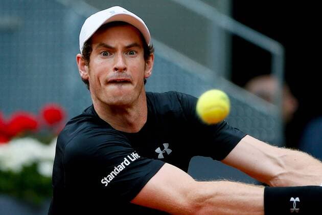 Scottish tennis player Andy Murray in action against Serbian Novak Djokovic during their Mutua Madrid Open male final match played at the Caja Magica tennis complex in Madrid, Spain, on 08 May 2016. Novak Djokovic vs Andy Murray !ACHTUNG: NUR REDAKTIONELLE NUTZUNG!  20160508-635983314759071894