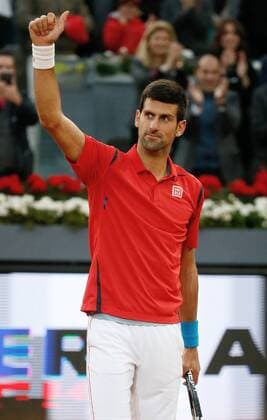 Serbian tennis player Novak Djokovic reacts after his victory 6-2, 3-6 and 6-3 against Scottish Andy Murray during their Mutua Madrid Open male final match played at the Caja Magica tennis complex in Madrid, Spain, on 08 May 2016. Novak Djokovic vs Andy Murray !ACHTUNG: NUR REDAKTIONELLE NUTZUNG!  20160508-635983407254740025