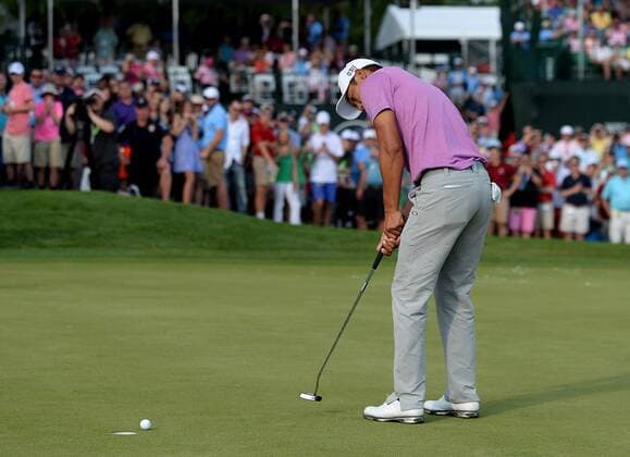 May 8, 2016 - Charlotte, NC, USA - James Hahn sinks the winning putt to defeat Roberto Castro in the Wells Fargo Championship on Sunday, May 8, 2016, at Quail Hollow Club in Charlotte, N.C. Wells Fargo Championship - ZUMAm67_
