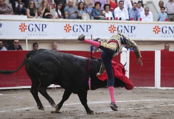 Mexican bullfighter Sergio Flores is gored by his first bull 508kg Espino during the San Marcos National Fair held in Aguascalientes, Mexico, on 08 May 2016. SAN MARCOS NATIONAL FAIR !ACHTUNG: NUR REDAKTIONELLE NUTZUNG!  20160509-635983762732343880