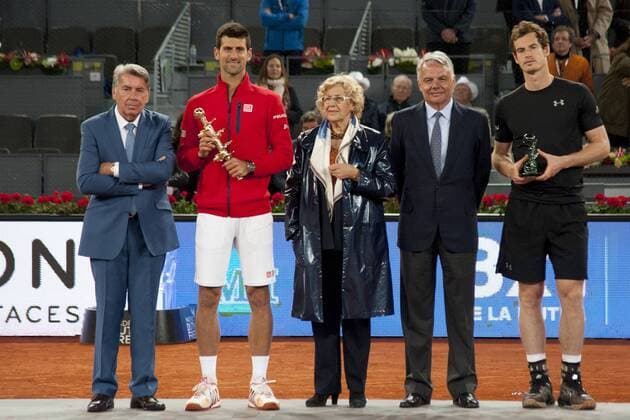 Manolo Santana, Novac Djokovic, Manuela Carmena und Andy Murray beim Final-Match Novak Djokovic vs Andy Murray beim Mutua Madrid Open 2016 Tennisturnier im Sportkomplex Caja Magica. Madrid, 07.05.2016  Foto:xDyDxFotografosx xFuturexImage
