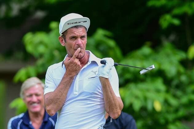 May 08, 2016: Jesper Parnevik reacts to barely missing a on 10 during final round of the 2016 Champions Tour Insperity Invitational, The Woodlands Country Club, The Woodlands, Texas. (Photo by Ken Murray Icon Sportswire) GOLF: MAY 08 Champions Tour - Insperity Invitational - Final Round Icon201605082016010 EDITORIAL USE ONLY