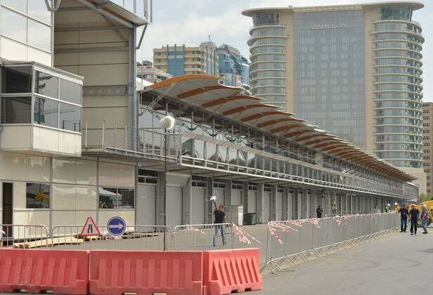 May 8, 2016 - Baku, Azerbaijan - Formula One pit lane and garages are under construction in the center of Baku..The 2016 season sees Azerbaijan become the latest addition to the Formula One calendar, with capital city Baku playing host to what claims to be the fastest street circuit of the season..Baku, Azerbaijan, on Sunday, 8 May 2016. Baku prepares for the F1 in June  - ZUMAn230