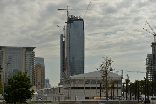 May 8, 2016 - Baku, Azerbaijan - Formula One pit lane and garages are under construction in the center of Baku..The 2016 season sees Azerbaijan become the latest addition to the Formula One calendar, with capital city Baku playing host to what claims to be the fastest street circuit of the season..Baku, Azerbaijan, on Sunday, 8 May 2016. Baku prepares for the F1 in June  - ZUMAn230