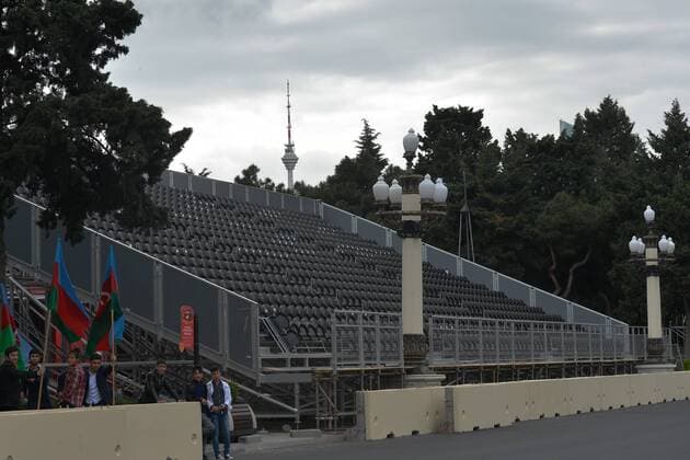 May 8, 2016 - Baku, Azerbaijan - Formula One seats for the public are under construction in the center of Baku near the Hilton Hotel..The 2016 season sees Azerbaijan become the latest addition to the Formula One calendar, with capital city Baku playing host to what claims to be the fastest street circuit of the season..Baku, Azerbaijan, on Sunday, 8 May 2016. Baku prepares for the F1 in June  - ZUMAn230