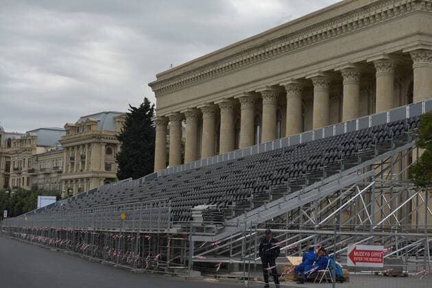 May 8, 2016 - Baku, Azerbaijan - Formula One seats for the public are under construction in the center of Baku near the Hilton Hotel..The 2016 season sees Azerbaijan become the latest addition to the Formula One calendar, with capital city Baku playing host to what claims to be the fastest street circuit of the season..Baku, Azerbaijan, on Sunday, 8 May 2016. Baku prepares for the F1 in June  - ZUMAn230