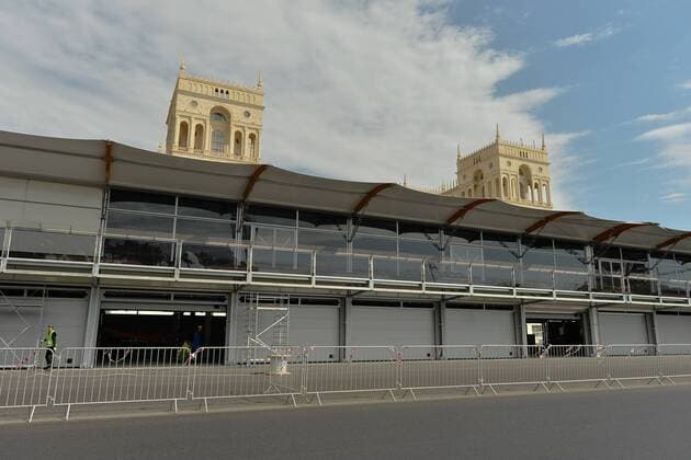 May 8, 2016 - Baku, Azerbaijan - Formula One pit lane and garages are under construction in the center of Baku..The 2016 season sees Azerbaijan become the latest addition to the Formula One calendar, with capital city Baku playing host to what claims to be the fastest street circuit of the season..Baku, Azerbaijan, on Sunday, 8 May 2016. Baku prepares for the F1 in June  - ZUMAn230