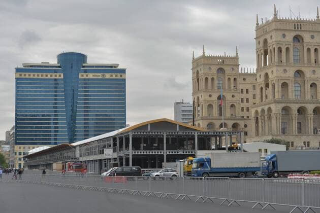 May 8, 2016 - Baku, Azerbaijan - Formula One pit lane and garages are under construction in the center of Baku near the Hilton Hotel..The 2016 season sees Azerbaijan become the latest addition to the Formula One calendar, with capital city Baku playing host to what claims to be the fastest street circuit of the season..Baku, Azerbaijan, on Sunday, 8 May 2016. Baku prepares for the F1 in June  - ZUMAn230