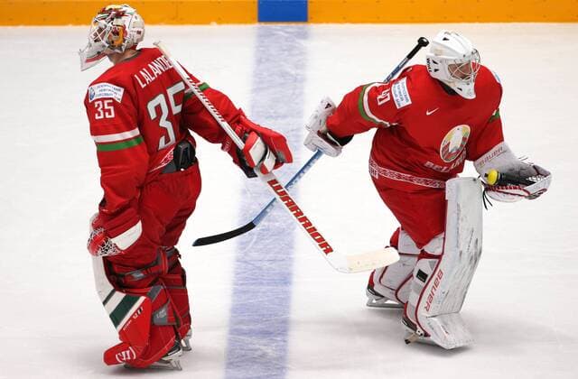 ST. PETERSBURG, RUSSIA. MAY 9, 2016. Belarus goalies Kevin Lalande (L) and Dmitry Milchakov in their 2016 IIHF World Championship WM Weltmeisterschaft Preliminary Round Group B Ice hockey Eishockey match against Canada at the Yubileyny Sports Palace. Team Canada won the game 8-0. Sergei Savostyanov TASS  TS0223A6