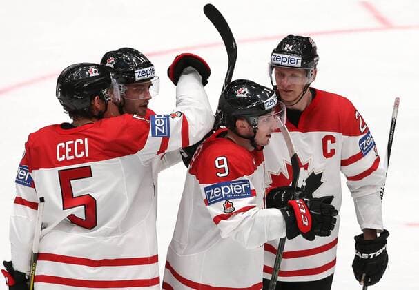 ST. PETERSBURG, RUSSIA. MAY 9, 2016. Canada s Cody Ceci, Derick Brassard, Matt Duchene, and Corey Perry (L-R) celebrate scoring in their 2016 IIHF World Championship WM Weltmeisterschaft Preliminary Round Group B Ice hockey Eishockey match against Belarus at the Yubileyny Sports Palace. Team Canada won the game 8-0. Sergei Savostyanov TASS  TS0223A2