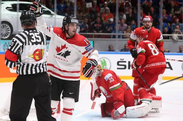 ST. PETERSBURG, RUSSIA. MAY 9, 2016. Canada s Derick Brassard (2nd L) celebrates scoring in their 2016 IIHF World Championship WM Weltmeisterschaft Preliminary Round Group B Ice hockey Eishockey match against Belarus at the Yubileyny Sports Palace. Team Canada won the game 8-0. Alexander Demianchuk TASS  TS0223D1