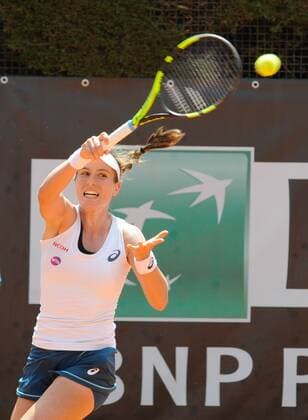 10.05.2016. Rome, Italy. BNL d Italia Tennis Tournament, Johanna Konta versus Johanna Larsson. Johanna Konta (GBR) returns. Konta reached the Italian Open second round with a 6-1 6-2 win over Sweden s Larsson. xactivax  ActionPlus11735381