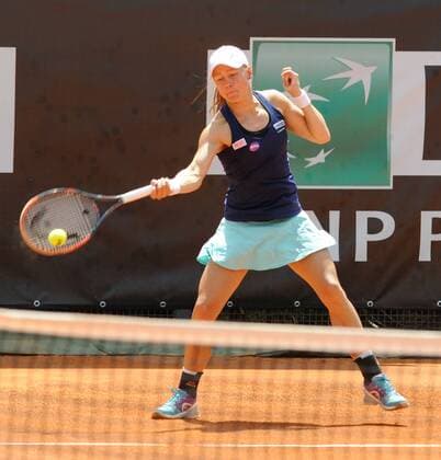 10.05.2016. Rome, Italy. BNL d Italia Tennis Tournament, Johanna Konta versus Johanna Larsson. Johanna Larsson (swe) returns. Konta reached the Italian Open second round with a 6-1 6-2 win over Sweden s Larsson. xactivax  ActionPlus11735382