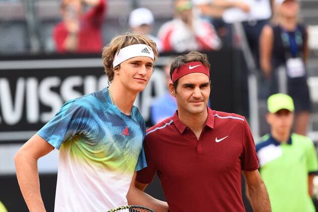 May 11, 2016 - Rome, Italy - Roger Federer (R) and Alexander Zverev of Germany during day four of the The Internazionali BNL d Italia 2016 on May 11, 2016 in Rome, Italy. The Internazionali BNL d Italia 2016 - Day Four  - ZUMAn230