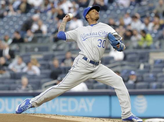 Kansas City Royals starting pitcher Yordano Ventura throws a pitch in the first inning against the New York Yankees at Yankee Stadium in New York City on May 11, 2016.  NYP20160511106 JOHNxANGELILLO