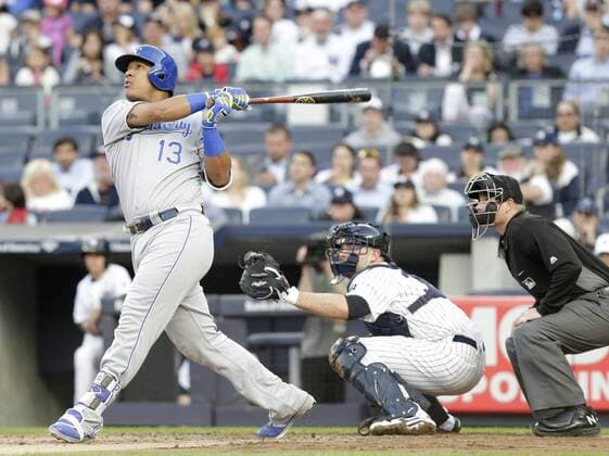 Kansas City Royals Salvador Perez hits a 3-run home run in the first inning against the New York Yankees at Yankee Stadium in New York City on May 11, 2016.  NYP20160511113 JOHNxANGELILLO