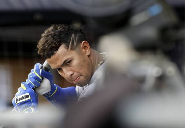 Kansas City Royals Cheslor Cuthbert takes practice swings in the dug out against the New York Yankees at Yankee Stadium in New York City on May 11, 2016.  NYP20160511114 JOHNxANGELILLO