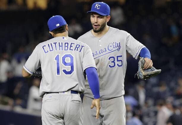 Kansas City Royals Cheslor Cuthbert and Eric Hosmer celebrate after the game against the New York Yankees at Yankee Stadium in New York City on May 11, 2016. The Royals defeated the Yankees 7-3.  NYP20160511119 JOHNxANGELILLO