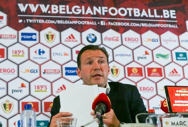 Belgium s head coach Marc Wilmots pictured during a press conference PK Pressekonferenz of Belgian national soccer team Red Devils head coach, Thursday 12 May 2016, at the headquarters of the federation KBVB-URBSFA, in Brussels. Head coach Wilmots will announce the first selection for the upcoming Euro2016 tournament. VIRGINIExLEFOUR  x04848155x