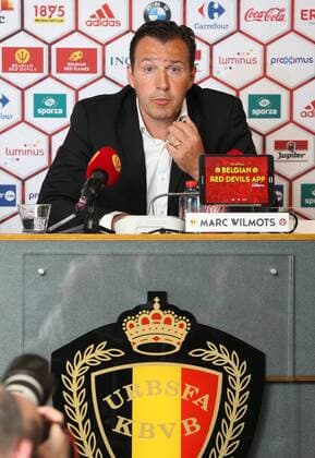 Belgium s head coach Marc Wilmots pictured during a press conference PK Pressekonferenz of Belgian national soccer team Red Devils head coach, Thursday 12 May 2016, at the headquarters of the federation KBVB-URBSFA, in Brussels. Head coach Wilmots will announce the first selection for the upcoming Euro2016 tournament. VIRGINIExLEFOUR  x04848165x