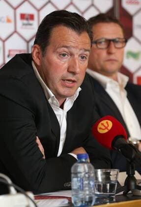 Belgium s head coach Marc Wilmots and Belgium s assistant coach Vital Borkelmans pictured during a press conference PK Pressekonferenz of Belgian national soccer team Red Devils head coach, Thursday 12 May 2016, at the headquarters of the federation KBVB-URBSFA, in Brussels. Head coach Wilmots will announce the first selection for the upcoming Euro2016 tournament. VIRGINIExLEFOUR  x04848171x