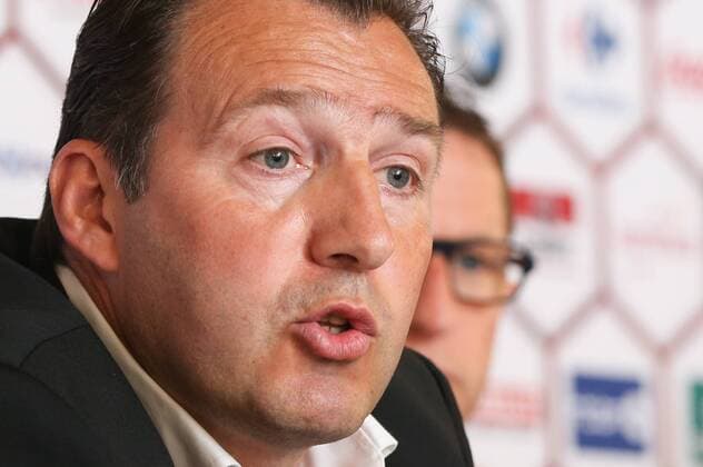 Belgium s head coach Marc Wilmots and Belgium s assistant coach Vital Borkelmans pictured during a press conference PK Pressekonferenz of Belgian national soccer team Red Devils head coach, Thursday 12 May 2016, at the headquarters of the federation KBVB-URBSFA, in Brussels. Head coach Wilmots will announce the first selection for the upcoming Euro2016 tournament. VIRGINIExLEFOUR  x04848173x
