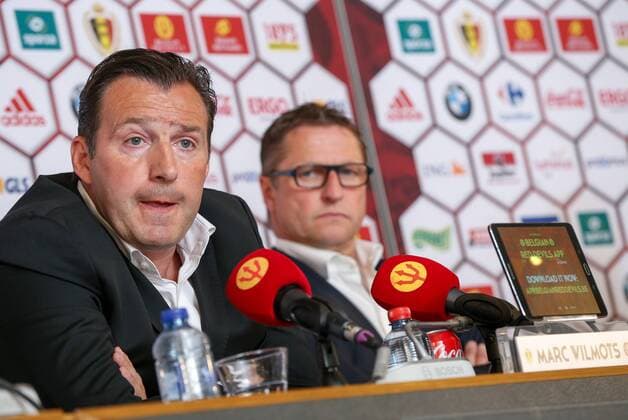 Belgium s head coach Marc Wilmots and Belgium s assistant coach Vital Borkelmans pictured during a press conference PK Pressekonferenz of Belgian national soccer team Red Devils head coach, Thursday 12 May 2016, at the headquarters of the federation KBVB-URBSFA, in Brussels. Head coach Wilmots will announce the first selection for the upcoming Euro2016 tournament. VIRGINIExLEFOUR  x04848174x