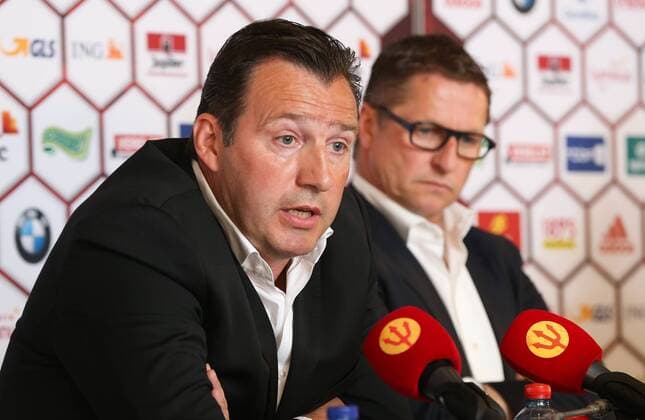 Belgium s head coach Marc Wilmots and Belgium s assistant coach Vital Borkelmans pictured during a press conference PK Pressekonferenz of Belgian national soccer team Red Devils head coach, Thursday 12 May 2016, at the headquarters of the federation KBVB-URBSFA, in Brussels. Head coach Wilmots will announce the first selection for the upcoming Euro2016 tournament. VIRGINIExLEFOUR  x04848175x