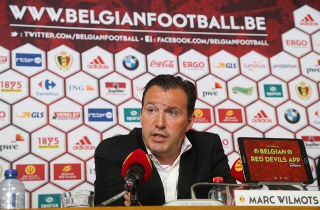 Belgium s head coach Marc Wilmots pictured during a press conference PK Pressekonferenz of Belgian national soccer team Red Devils head coach, Thursday 12 May 2016, at the headquarters of the federation KBVB-URBSFA, in Brussels. Head coach Wilmots will announce the first selection for the upcoming Euro2016 tournament. VIRGINIExLEFOUR  x04848177x