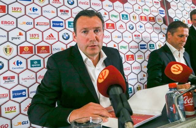 Belgium s head coach Marc Wilmots pictured during a press conference PK Pressekonferenz of Belgian national soccer team Red Devils head coach, Thursday 12 May 2016, at the headquarters of the federation KBVB-URBSFA, in Brussels. Head coach Wilmots will announce the first selection for the upcoming Euro2016 tournament. VIRGINIExLEFOUR  x04848180x
