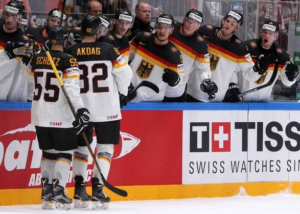 ST. PETERSBURG, RUSSIA. MAY 12, 2016. Germany s players in the 2016 IIHF World Championship WM Weltmeisterschaft Preliminary Round Group B Ice hockey Eishockey match against Canada at Yubileyny Sports Palace. Team Canada won the game 5:2. Alexander Demianchuk TASS  TS022B0C
