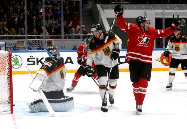 ST. PETERSBURG, RUSSIA. MAY 12, 2016. Canada s Mark Stone (R) celebrates scoring in the 2016 IIHF World Championship WM Weltmeisterschaft Preliminary Round Group B Ice hockey Eishockey match against Germany at Yubileyny Sports Palace. Team Canada won the game 5:2. Also pictured: Germany s goalie Timo Pielmeier and Germany s Korbinian Holzer (L-R). Alexander Demianchuk TASS  TS022B0D